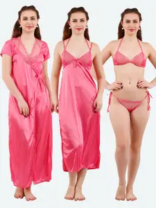 Romaisa Women Pink Solid Lace Detail 4 Piece Satin Maxi Wrap Nightdress