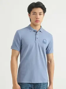 United Colors of Benetton Men Blue Polo Collar Applique Cotton T-shirt