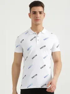 United Colors of Benetton Men White Typography Printed Polo Collar Cotton T-shirt