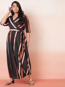 Amydus Black & Orange Striped Wrap Maxi Plus Size Dress