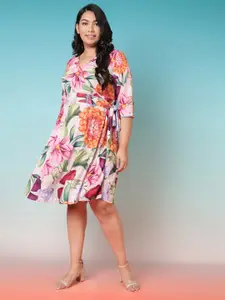 Amydus Pink & Green Plus Size Floral Wrap Dress