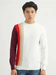 United Colors of Benetton Men White & Red Striped Cotton Pullover