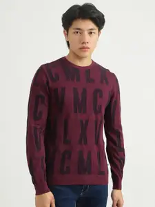 United Colors of Benetton Men Burgundy & Black Typography Cotton Printed Pullover