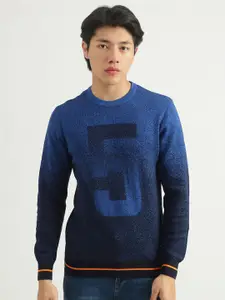United Colors of Benetton Men Blue & Orange Typography Printed Pullover
