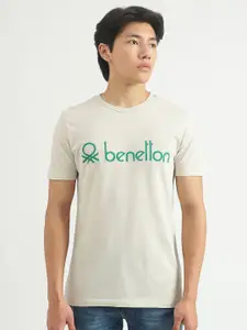 United Colors of Benetton Men Off White Typography T-shirt