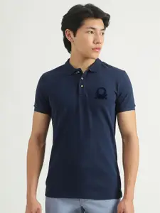 United Colors of Benetton Men Navy Blue Polo Collar Applique Cotton T-shirt