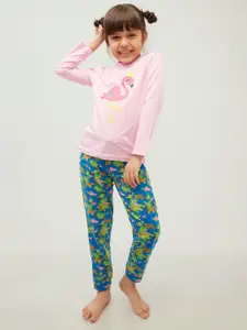 frangipani Girls Pink & Green Printed Pure Cotton T-shirt with Pyjamas