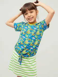 frangipani Girls Blue & Green Printed Pure Cotton Top with Skirt