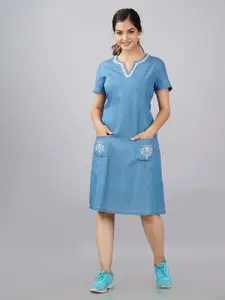 SUMAVI-FASHION Women Blue & White Linen Denim A-Line Dress