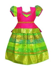 AMIRTHA FASHION Girls Pink & Green Embellished Ready to Wear Lehenga & Choli