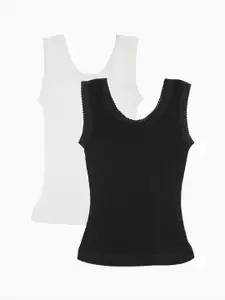 Kanvin Girls Pack Of 2 Black & White Ribbed Cotton Thermal Tops