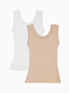 Kanvin Girls Pack Of 2 White & Beige Ribbed Thermal Tops