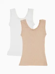 Kanvin Girls Pack Of 2 Nude & Off-White Self Design Thermal Tops