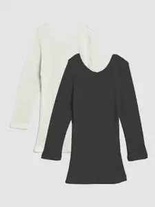 Kanvin Girls Pack Of 2 Black & Off White Ribbed Cotton Thermal Tops