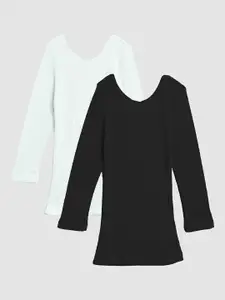 Kanvin Girls Pack of 2 Black And Off-White Ribbed Cotton Thermal Tops