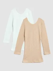 Kanvin Girls Pack Of 2 Beige & Off White Ribbed Cotton Thermal Tops