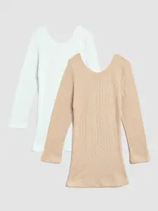 Kanvin Girls Pack Of 2 Off White Beige Ribbed Cotton Thermal Tops