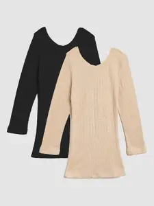 Kanvin Girls Pack Of 2 Beige & Black Ribbed Cotton Thermal Tops