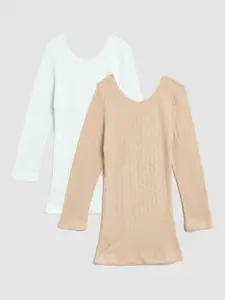 Kanvin Girls Beige & Off white Pack of 2 Self Design Cotton Thermal Tops