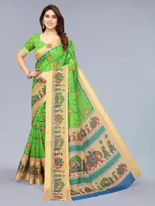 Winza Designer Green & Gold-Toned Kalamkari Khadi Saree