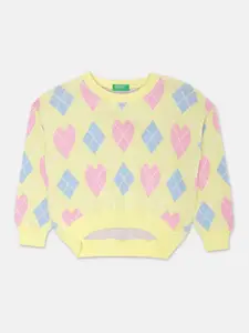 United Colors of Benetton Girls Yellow & Blue Printed Cotton Long Sleeve Pullover Sweater