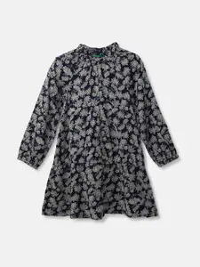 United Colors of Benetton Navy Blue & Cream-Coloured Floral A-Line Dress