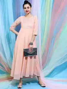 Vishudh Peach-Coloured & Silver-Toned Floral Ethnic Maxi Dress