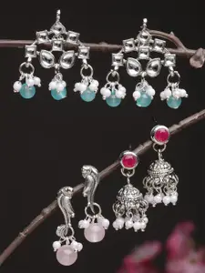 KARATCART Set of 3 Silver Plated Kundan Classic Jhumkas Earrings