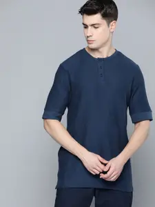 ether Men Solid Ribbed Drop-Shoulder Sleeves T-shirt