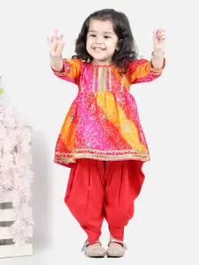 BownBee Girls Red & Yellow Printed Top with Dhoti Pants