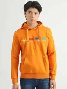 United Colors of Benetton Men Orange Embroidered Hooded Sweatshirt
