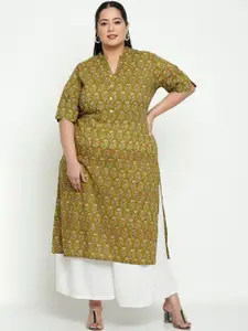 Sringam Plus Size Women Green & Yellow Printed Kurta