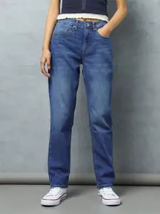 Flying Machine Women Blue Mom Fit Low Distress Light Fade Stretchable Jeans