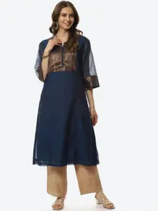 Biba Women Navy Blue & Copper-Toned Yoke Design Kurta