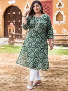 Swasti Plus Size Women Green & White Bandhani Printed Kurta