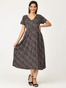 The Mom Store Women Black & Brown Printed Cotton Maternity A-Line Midi Dress