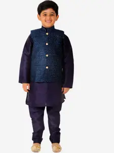 Pro-Ethic STYLE DEVELOPER Boys Navy Blue Solid Pure Silk Kurta with Churidar &Nehru jacket