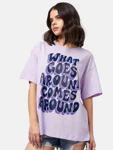 The Souled Store Women Lavender What Goes Around Comes Around Typography Oversized T-Shirt