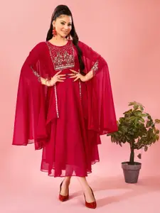 Ziva Fashion Women Red Embellished Flared Sleeves Georgette Maxi Dress