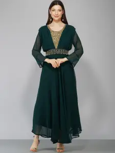 Ziva Fashion Women Green Embellished Georgette Maxi Dress With Dupatta