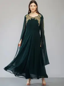 Ziva Fashion Women Green Embellished Flared Sleeves Georgette Maxi Dress