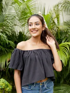 NANGALIA RUCHIRA Black Off-Shoulder Crepe Bardot Crop Top