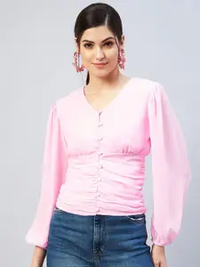 Carlton London Pink Bishop Sleeves Georgette Shirt Style Top
