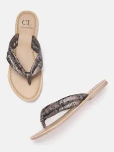 Carlton London Women Bronze-Toned & Black Snakeskin Textured Open Toe Flats