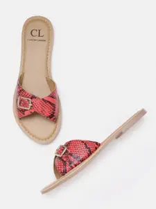 Carlton London Women Red & Black Snakeskin Print Open Toe Flats  with Buckle Detail