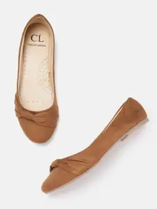 Carlton London Women Coffee Brown Solid Suede Finish Ballerinas with Bows