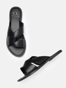 Carlton London Women Black Croc Textured Open Toe Flats