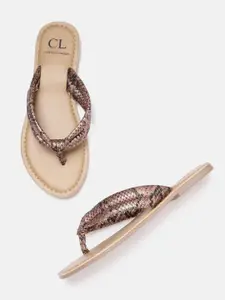 Carlton London Women Rose Gold-Toned & Black Snakeskin Textured Open Toe Flats