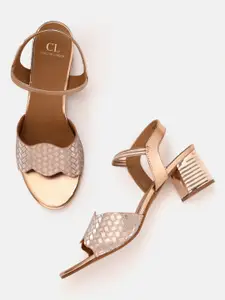 Carlton London Women Rose Gold-Toned Basketweave Textured Block Heels with Shimmer Detail