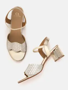 Carlton London Women Gold-Toned Basketweave Textured Block Heels with Shimmer Detail